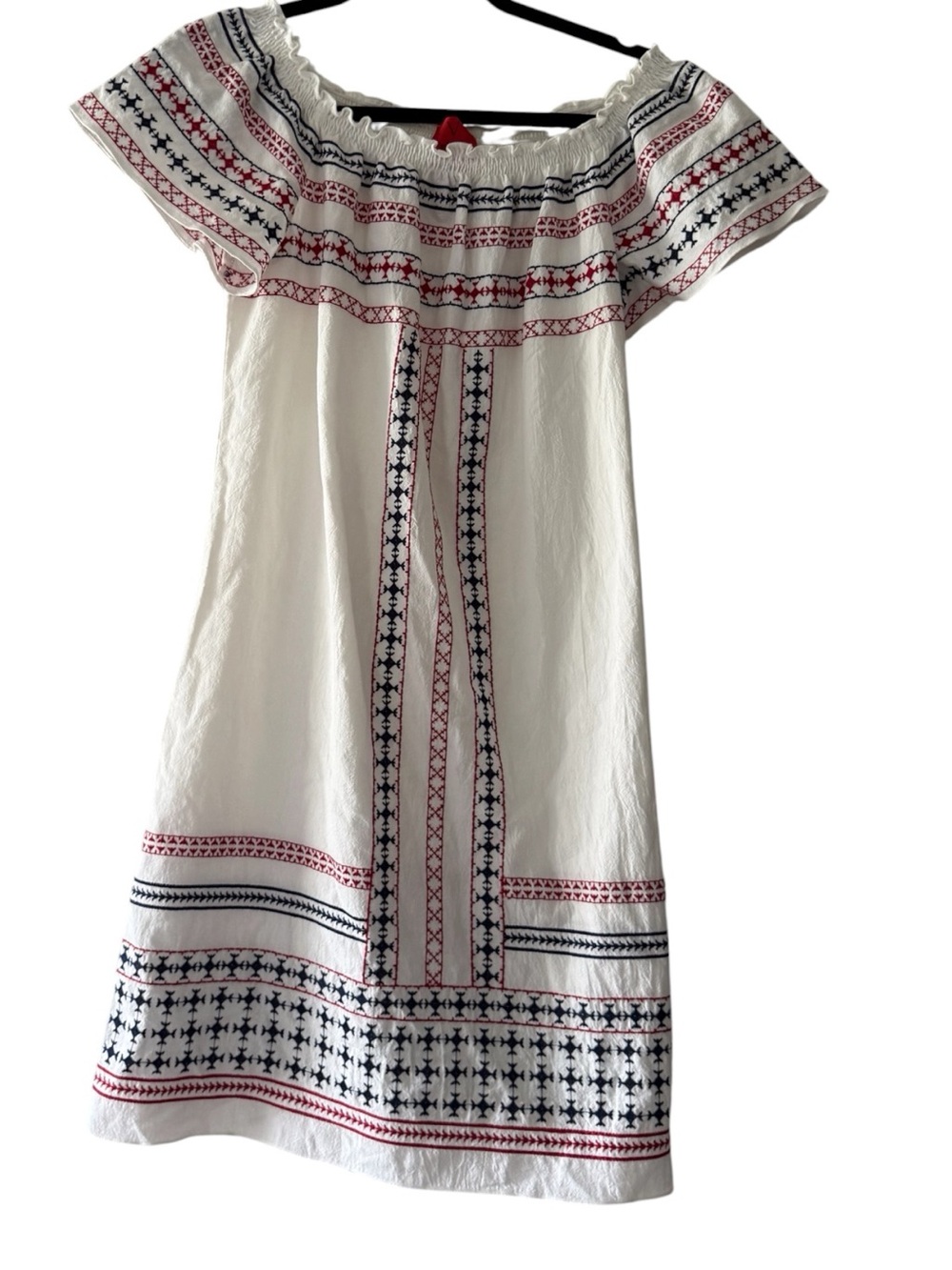 Off-Shoulder White Mini Dress with Red & Navy Embroidery